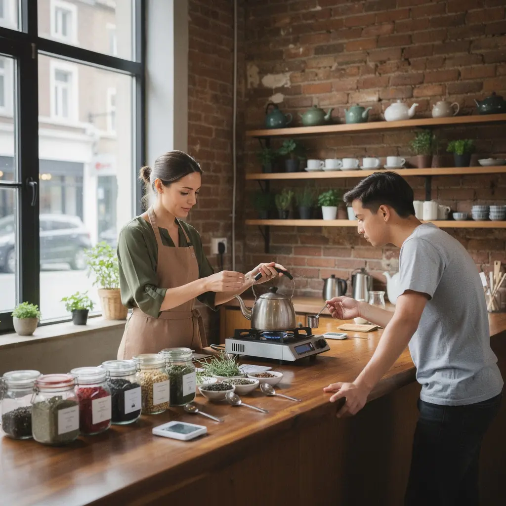 Due persone che sorseggiano tè mentre chiacchierano in un ambiente accogliente.