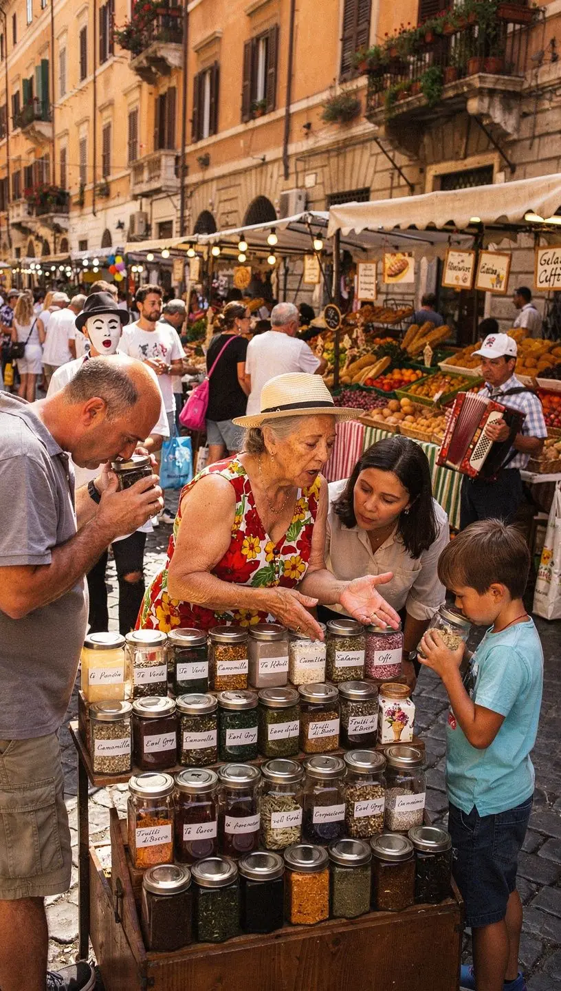 Un assortimento di miscele di tè in barattoli di vetro colorati.