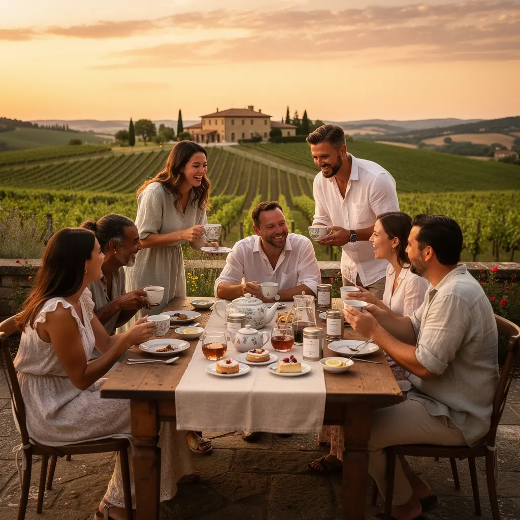 Una teiera elegante su un tavolo decorato con fiori e tazze di ceramica.