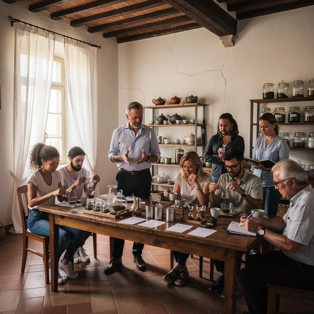 Immagini di diverse erbe e spezie usate per creare miscele di tè uniche.