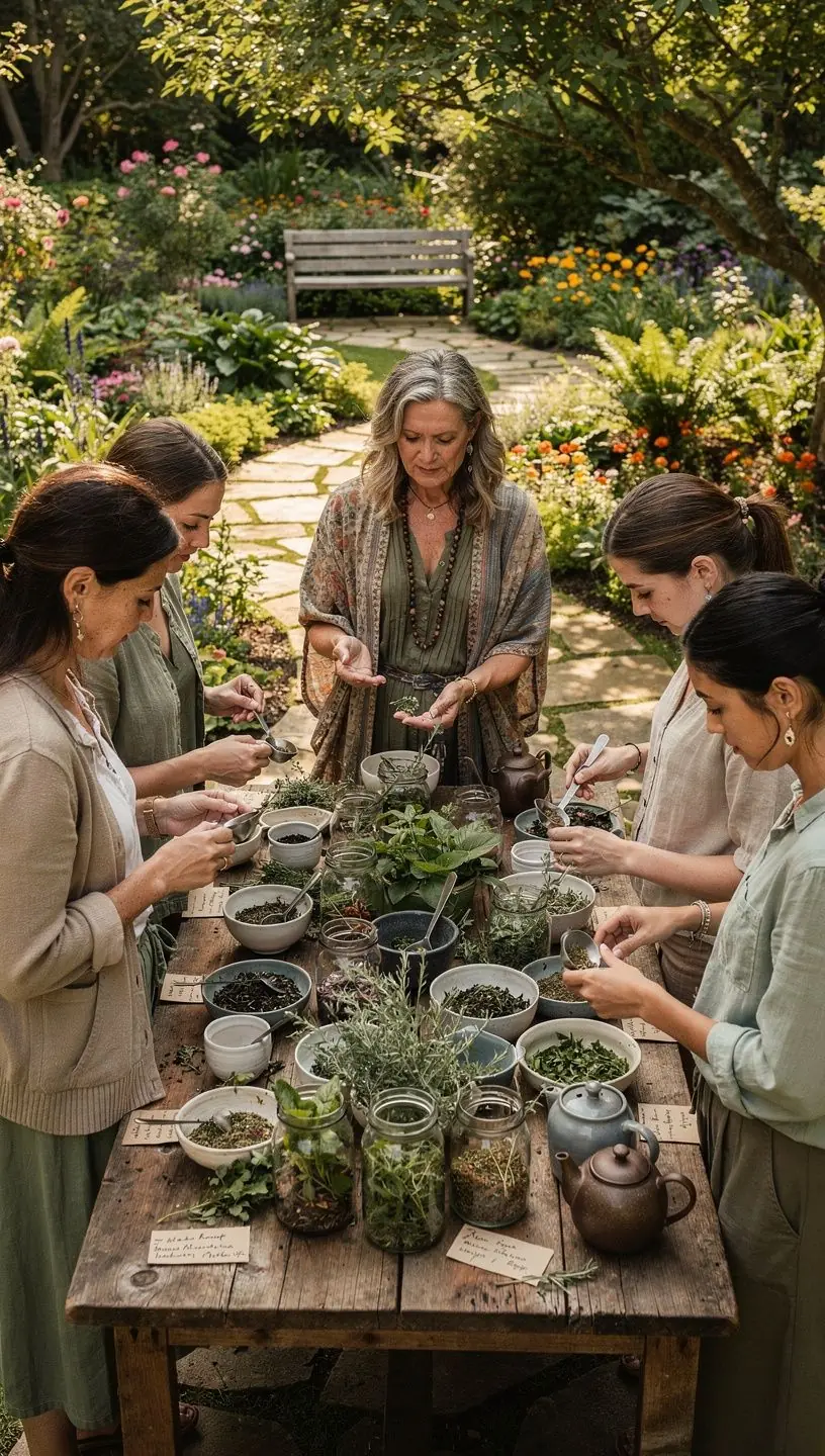 Una tazza di tè fumante con diverse foglie di tè sparse intorno.
