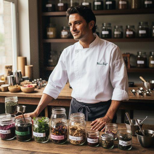 Miscela di tè verde con foglie fresche e fiori di camomilla in una tazza elegantemente decorata.